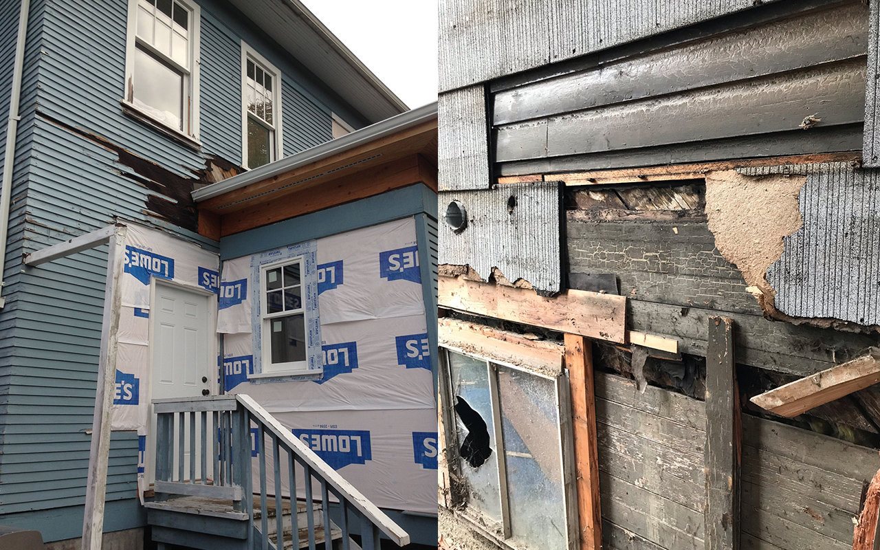 LEFT: Damaged siding is being removed from the back area of a house. RIGHT: Close up of hidden damage found under siding.