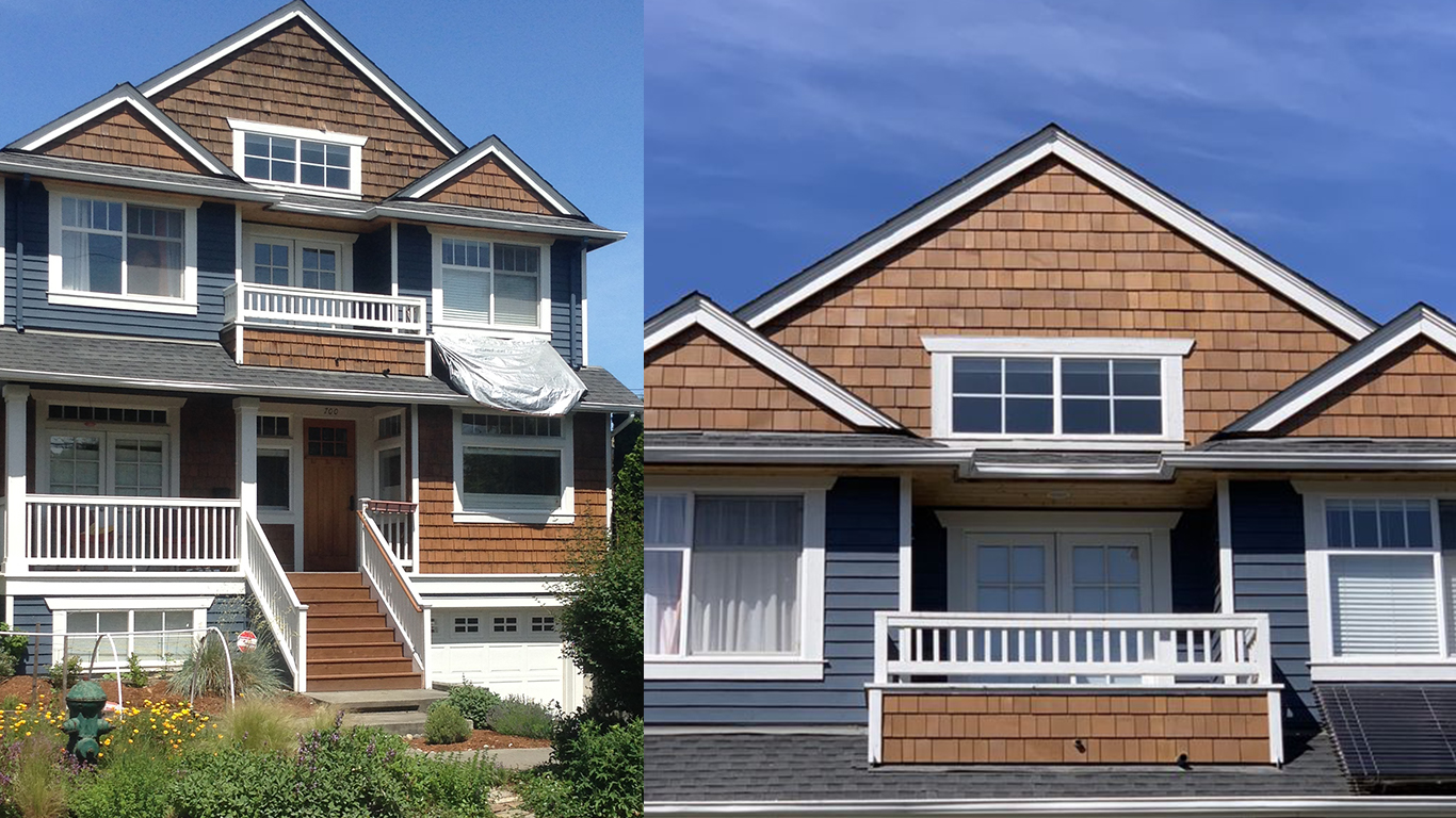 LEFT: Damage to siding in the upper portion has left this house looking shabby. RIGHT: Repair to the siding has increased this home's curb appeal.