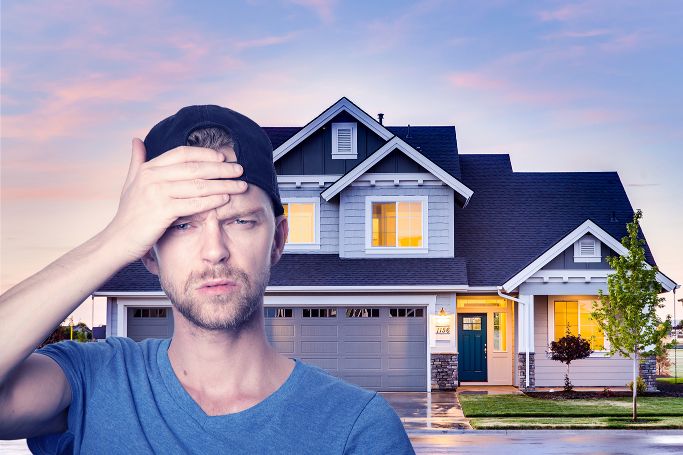 Picture of confused homeowner in front of a house